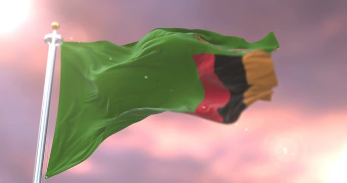 Flag of Zambia waving at wind in slow at sunset, loop