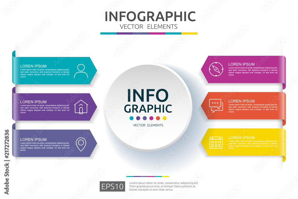 Aufkleber 6 steps infographic. timeline design template with 3d paper label. business concept with options. fo