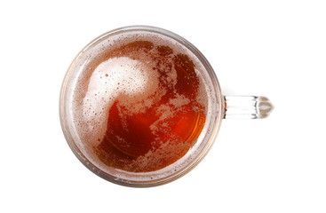 Mug of beer with bubble, glass isolated on white, top view