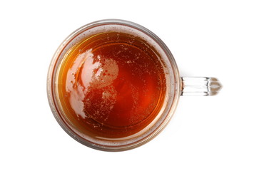 Mug of beer with bubble, glass isolated on white, top view