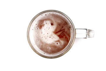 Mug of beer with bubble, glass isolated on white, top view