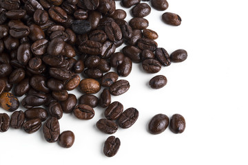 Roasted coffee beans isolated on pure white background for content using.