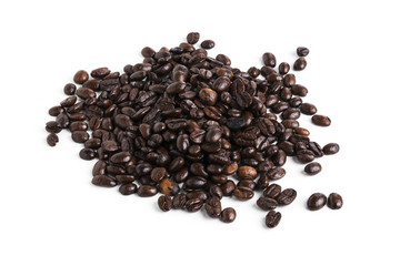 Roasted coffee beans isolated on pure white background for content using.