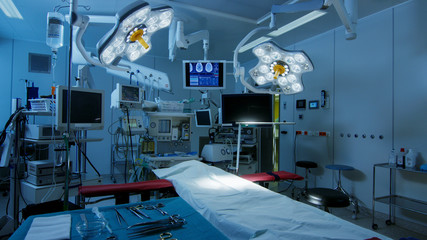 Establishing Shot of Technologically Advanced Operating Room with No People, Ready for Surgery....