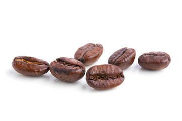 Roasted coffee beans isolated on pure white background for content using.