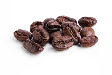 Roasted coffee beans isolated on pure white background for content using.