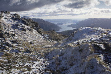 Fototapeta na wymiar View of Scottish Loch Lomond from the snow covered top of Ben Vorlich 