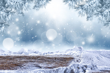 desk of free space and winter background 