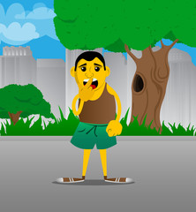 Yellow man holding finger front of his mouth. Vector cartoon illustration.