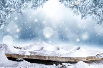 desk of free space and winter background 