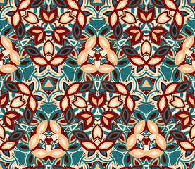 Abstract seamless pattern, background. Composed of colored geometric shapes. Useful as design element for texture and artistic compositions.