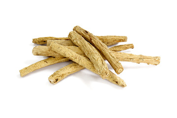Chinese Herbal medicine - Dang  Shen or poor man's ginseng (Codonopsis pilosula) on white background