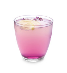 Fresh lavender lemonade in glass on white background