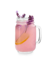 Fresh lavender lemonade in mason jar on white background