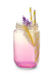 Fresh lavender lemonade in mason jar on white background