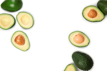 Fresh ripe avocados on white background, top view