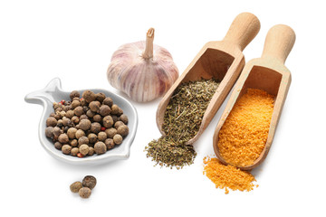 Composition with different spices on white background
