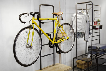 Fototapeta na wymiar Idea of modern interior room design with shelf and bike.