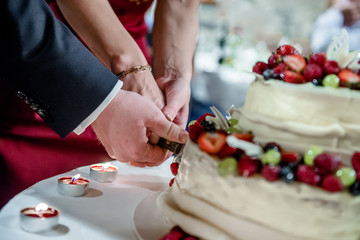 Obraz na płótnie Canvas Bride and groom cutting wedding cake
