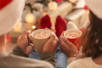 Cute young couple drinking hot chocolate on Christmas eve at home