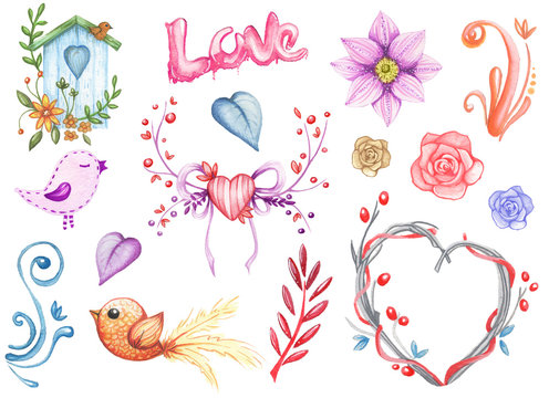 Watercolor cute wedding  decor element set. Hand drawn romantic illustration on  white background  isolated