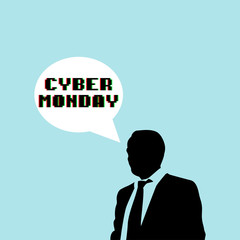 Icono plano CYBER MONDAY color en burbuja en blanco y hombre en fondo azul