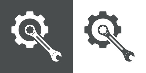 Icono plano engranaje con llave en centro en gris y blanco