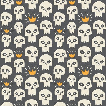 Doodle style white evil skulls seamless repeat pattern. Cute cartoon stylized sculls with sharp vampire teeth and shining crown. Halloween or Day of the Dead funny endless background or texture.