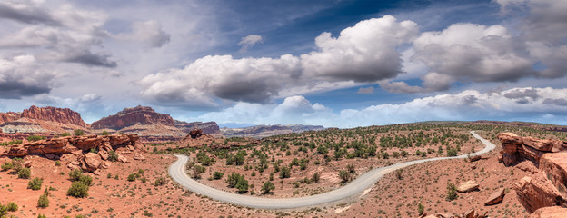Panoramic aerial view of windy road across the canyon
