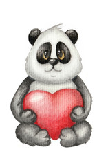 Watercolor Cute Panda Bear in love, holding big red heart. Children's illustration on white background. St. Valentine's Day card