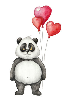Cute watercolor panda with red balloon. Hand drawn Children's illustration on white background. Saint Valentine's Day cute card