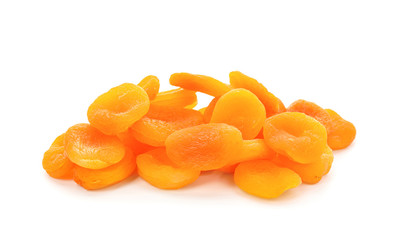 Pile of dried apricots on white background