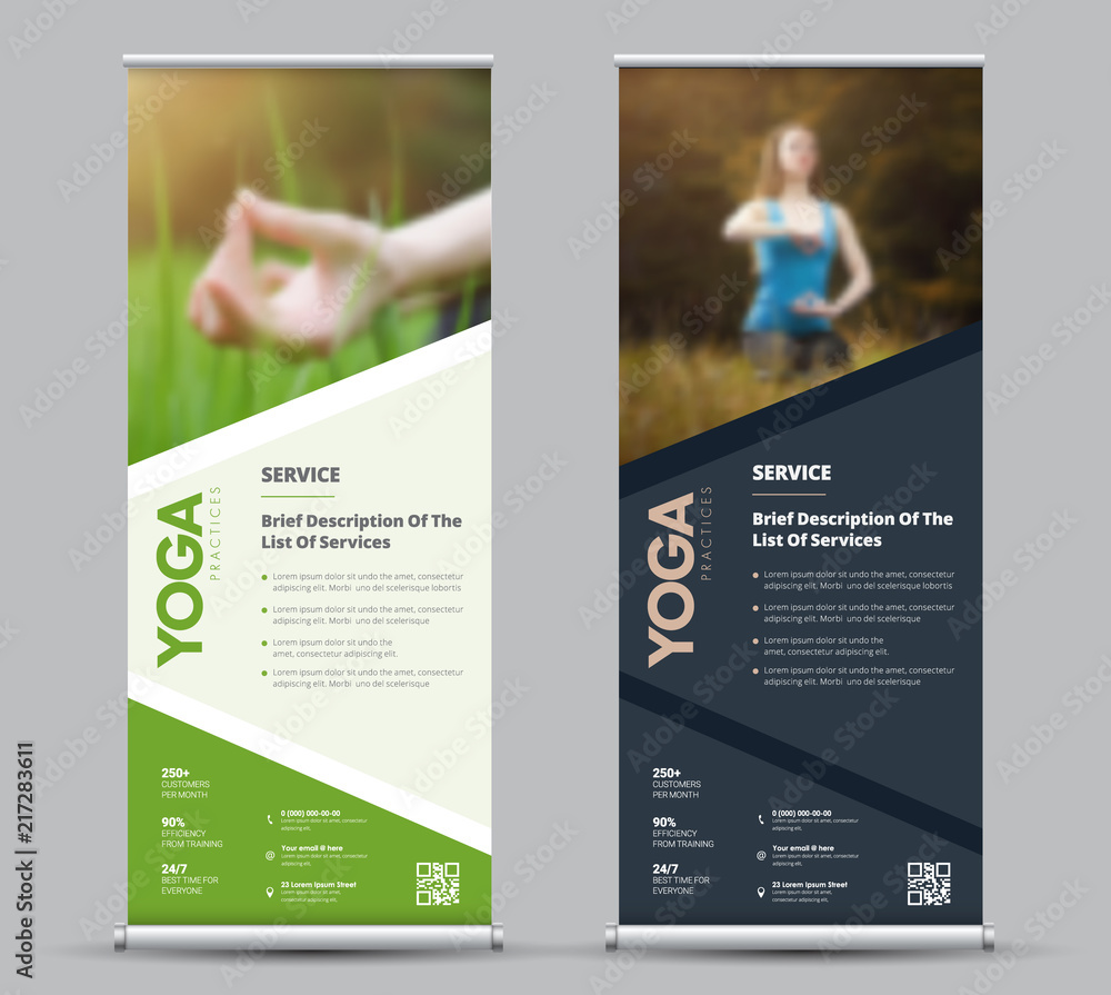 Poster Template of universal vector roll-up banner with place for photo.
