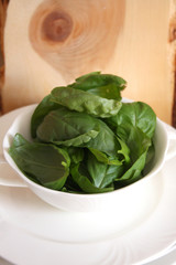 Basilikum, Portion in Suppenschüsselchen, Zirbenholz