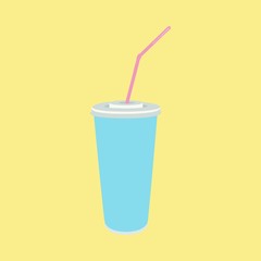 Blue Cup template with drinking straw on yellow background. For milkshake, coffee, tea, Cola, cocktails, soda or cold beverage. Vector illustration. mockup.