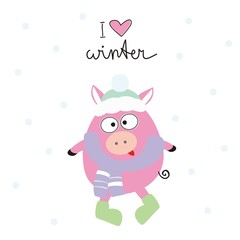 Cute pig in a scarf and hat and the inscription: I love winter. Zodiac chinese symbol of the year 2019. Greeting card. flat vector illustration.