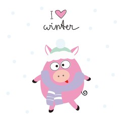 Cute pig in a scarf and hat and the inscription: I love winter. Zodiac chinese symbol of the year 2019. Greeting card. flat vector illustration.