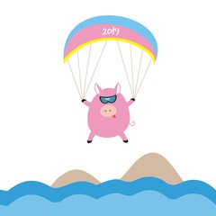 funny pig on a parachute over the sea. Zodiac chinese symbol. Greeting card. flat vector illustration. the year of the Pig 2019.