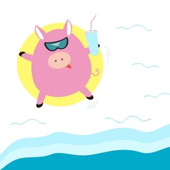 Pig with a cocktail in a rubber ring in the sea. top view. flat vector illustration. Summer holiday.