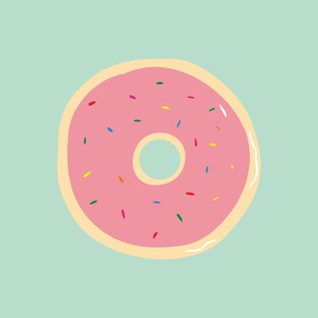 Donut with pink glaze on a green background. flat vector illustration. close up. top view. 