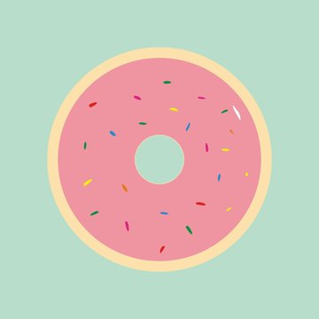 Donut with pink glaze on a green background. flat vector illustration. close up. top view. 