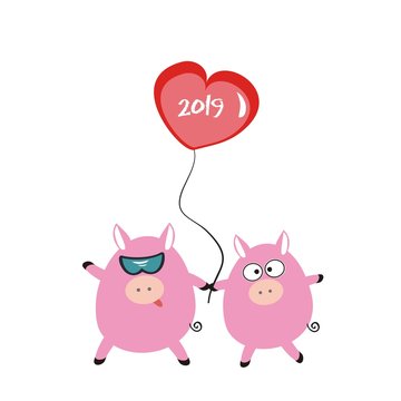 Cute piglets in love with balloon heart. Greeting card. flat vector illustration. the year of the Pig 2019.