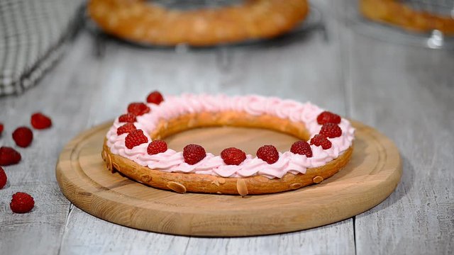 Preparation homemade choux pastry cake Paris Brest. French dessert.