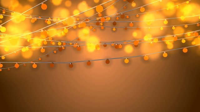 A merry 3d rendering of Christmas string lights from yellow bulbs and blured golden balls in the light brown background. They shimmer happily creating the mood of fest and optimism.  