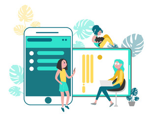 Have fun with your friends. Girls resting and communicate. Flat style.