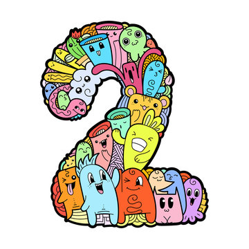 Hand drawn doodled kids numbers. Cute monstred numbers, math symbols.