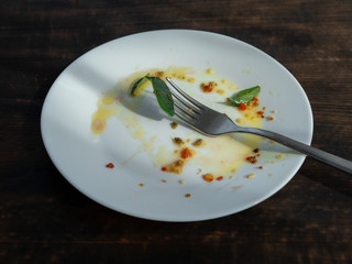 a dirty plate after a meal on a dark background