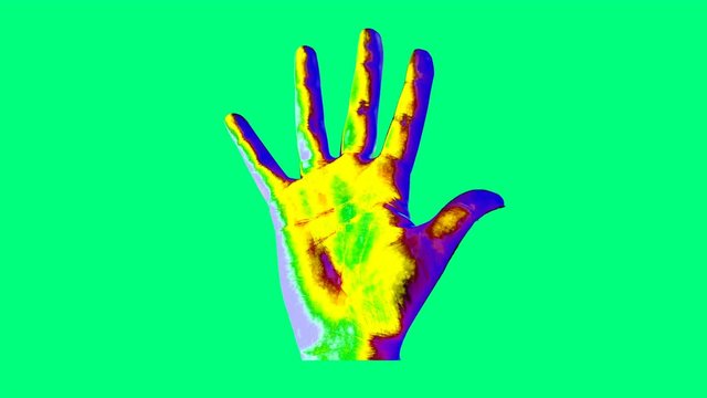 An amazing 3d rendering of a human hand showing a high five gesture in the multicolored background changing its colors every second. The image creates the mood of art and optimism.