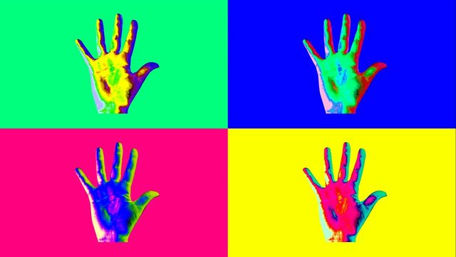 A popular art 3d rendering of four human hands showing high five gestures in the colorful backgrounds changing their colors every second. The animation forms the mood of joy and optimism