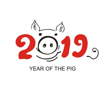The logo of the year of the Pig. Head and lettering. Zodiac chinese symbol 2019. Silhouette of a Pig, a boar. Vector sketch illustration. Template banner on white background. The year of the pig.